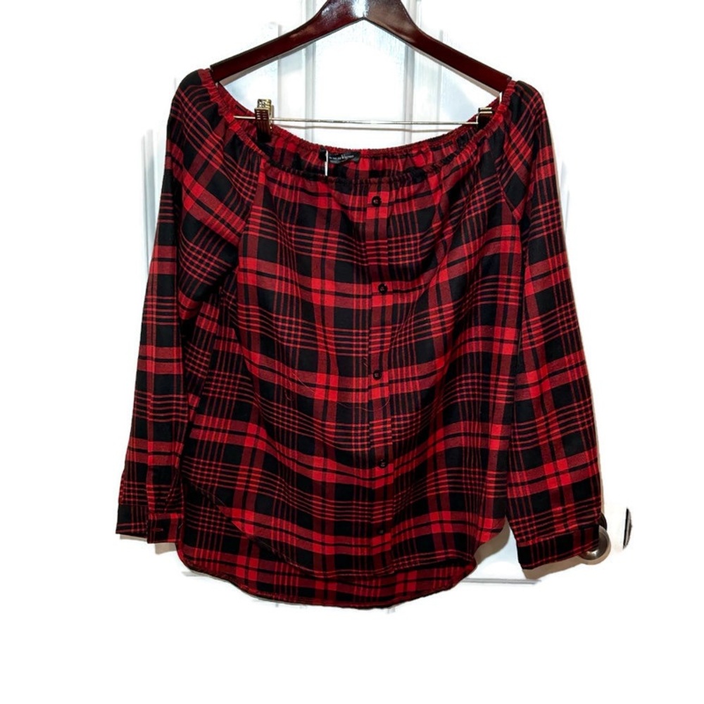 Coeur de Vague Black & Red Plaid Off-Shoulder Top Size S